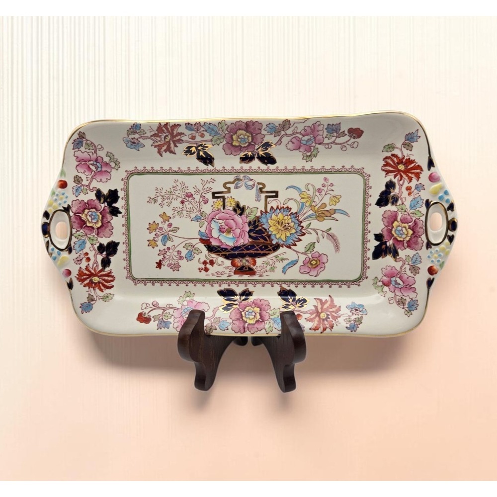 Vintage Mason's Ironstone Brocade Floral Rectangular Tab Handled Tray 12"